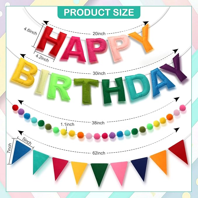 Pre-Strung Happy Birthday Banner, Felt Ball Garland Happy Birthday Garland, Rainbow Decorations Decor Party Pennant, Multicolor Bunting String Triangle Flags Bulk Rainbow Bunting