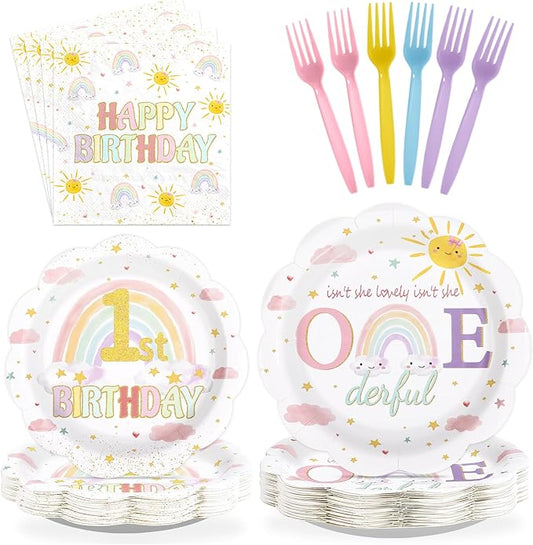 96Pcs Isn't She Onederful Birthday Party Decorations Isn't She Lovely First Birthday Paper Plates and Napkins Set Rainbow 1st Birthday Decoration for Girls One Year Old Bday Party Supplies Serves 24