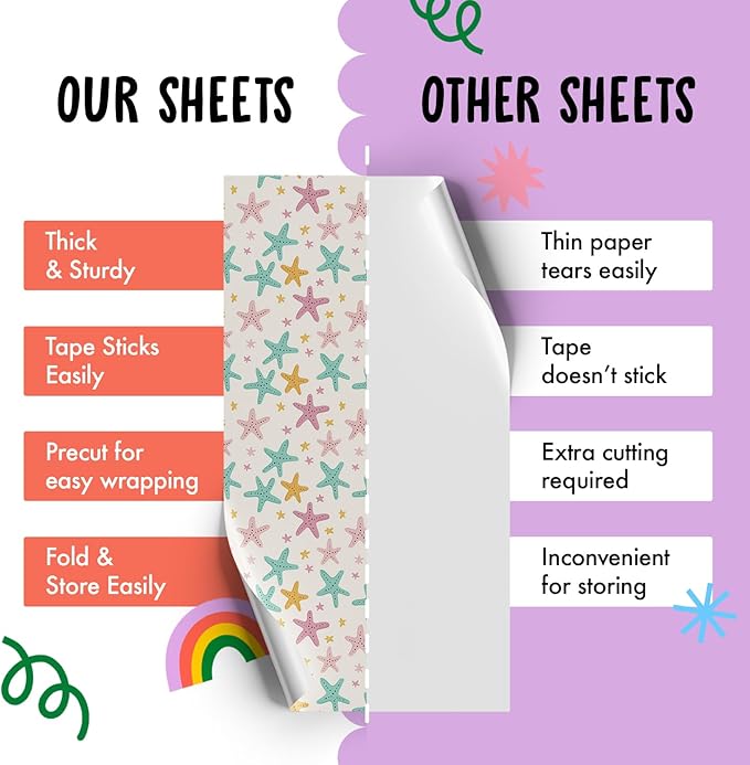 CENTRAL 23 Beige Wrapping Paper - 6 Sheets Of Birthday Gift Wrap For Women - Starfish - Holiday Beach Tropical - Summer Wrapping Paper - Comes With Stickers