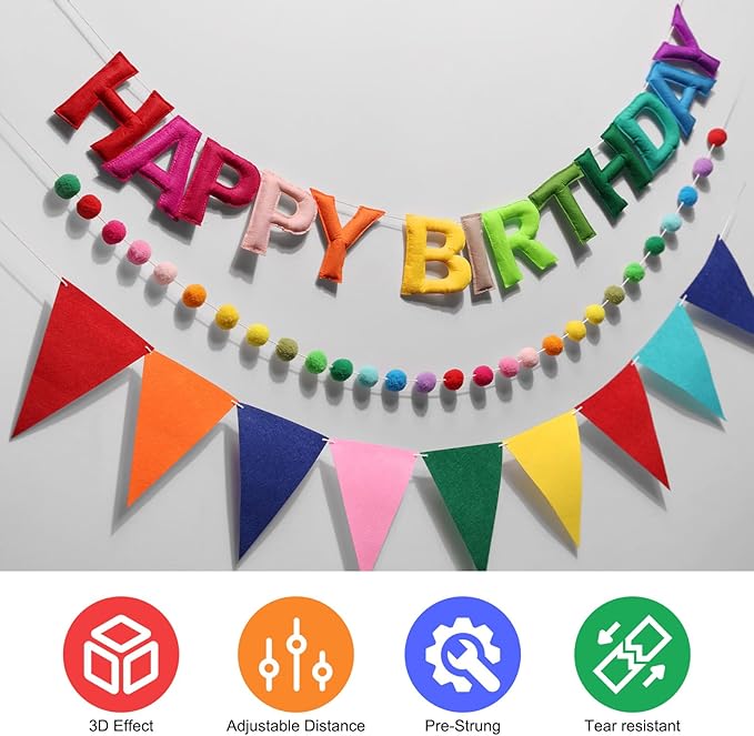 Pre-Strung Happy Birthday Banner, Reusable Felt Birthday Party Decorations, 3D Effect Happy Birthday Sign with Felt Ball Garland, Pennant Flag, Hanging Paper Fans for Men Women Boy Girls (Rainbow)