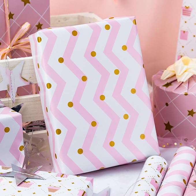 MAYPLUSS Pink Wrapping Paper Roll, Birthday Wrapping Paper for Girl, Pastel Pink Girly Gift Wrap Paper for Valentines Day, Christmas, Wedding, Baby Shower (Mini Roll, 17 inch x 120 inch Per Roll)