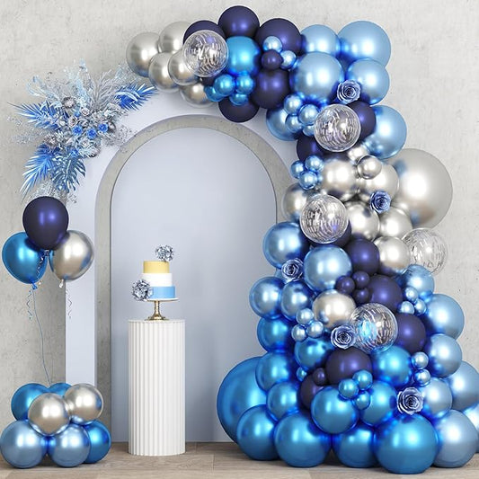 RUBFAC 87pcs Metallic Blue Silver Balloon Garland Arch Kit, 18 12 10 5 Inch Blue Silver Confetti Latex Party Balloons for Birthday Graduation Baby Shower Decoration