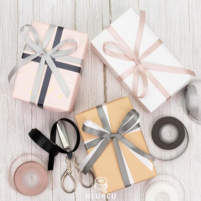 Black White Silver Grey Ribbon 3/8 Inch x 60Yds Assorted Neutral Double Faced Satin Ribbon for Flower Bouquet, Gift Wrapping, Wedding Invitation, Bridal Shower, Hair Bows, Gift Bags, Crafts