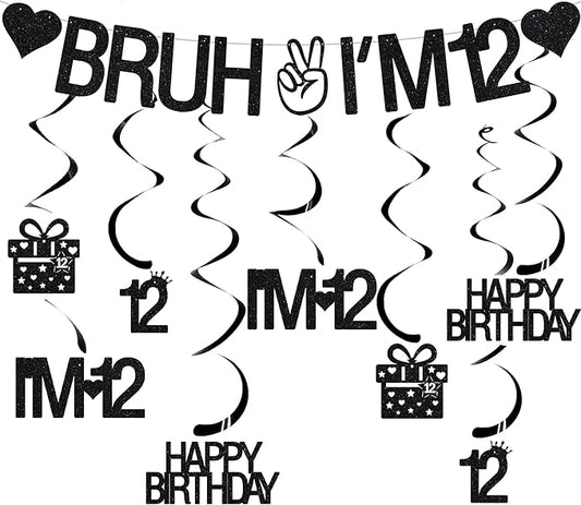 12th Birthday Decorations for Girls and Boys, Black Glitter Bruh I'M 12 Banner, Hanging Swirls Decoration for 12 Year Old Birthday Party Supplies