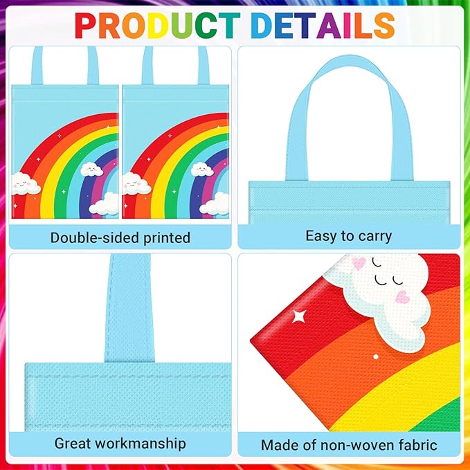 Kajaia 32 Pcs Rainbow Party Favor Bags Rainbow Goodie Bags Reusable Non-woven Pouches with Handle for Baby Shower Birthday Party Supplies, 8 Colors