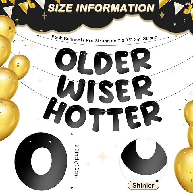 Fulmoon Set of 3 Pre Strung Older Wiser Hotter Glitter Banner Funny Birthday Banner for Women 30th 40th 50th 60th 70th 80th Birthday Party Decorations Sign Gift(Bright Black)