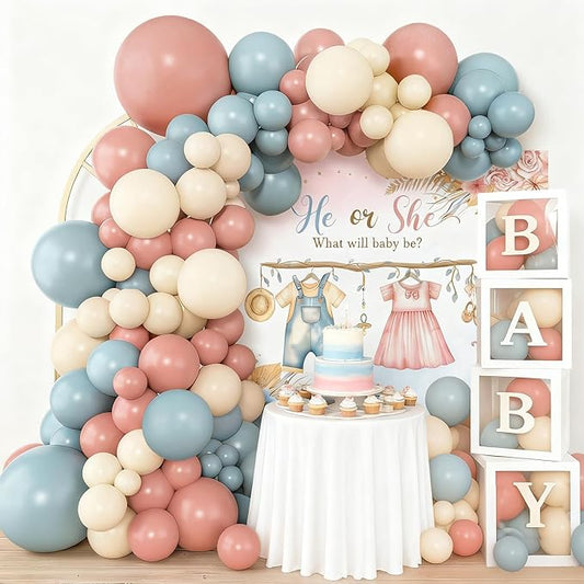 138Pcs Gender Reveal Decorations Kit with Dusty Pink Blue Balloon Garland Arch, Baby Box with Letters, He Or She Cloth Backdrop, Boy Or Girl Gender Reveal Ideas Decor Party Supplies