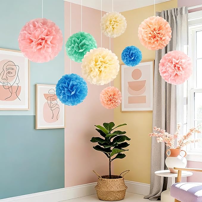 EASY JOY 15PCS Pastel Paper Tissue Pom Poms Decoration Macaron Rainbow Candy Ice Cream Easter Flowers Wall Hanging Decor for Birthday Wedding Baby Shower
