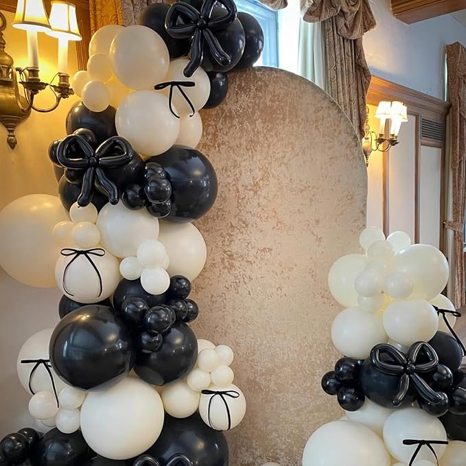 HILAVO Black and Sand White Balloon Arch Kit 105 Pcs Bow Balloon Garland Coquette Bow Balloons Ribbon Double Stuffed Sand Black Balloons for Coquette Birthday Wedding Baby Shower Bridal Party Decor