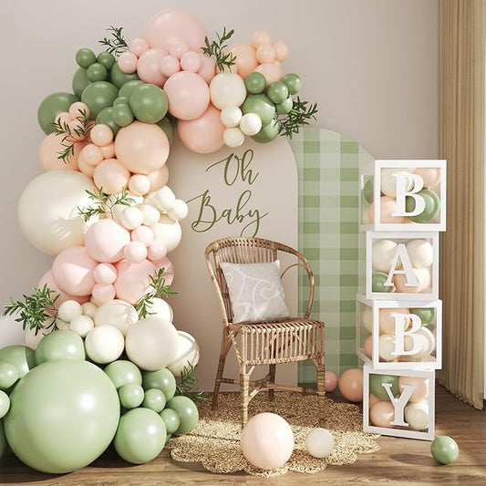 Pink and Sage Green Balloon Arch Garland Kit, 132Pcs Wildflower Baby Shower Decorations for Girl Boxes with Letters for Boho Baby Shower Gender Reveal Birthday Party Decorations