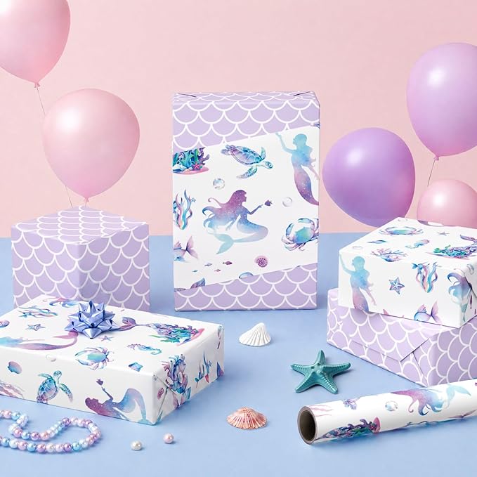 WERNNSAI Mermaid Wrapping Paper - 1 Roll 17”x 33 ft Colorful Mermaid Scale Gift Wrap Purple Princess Gift Wrapping for Girls Birthday Baby Shower Party Favor Reversible Iridescent Scales Design