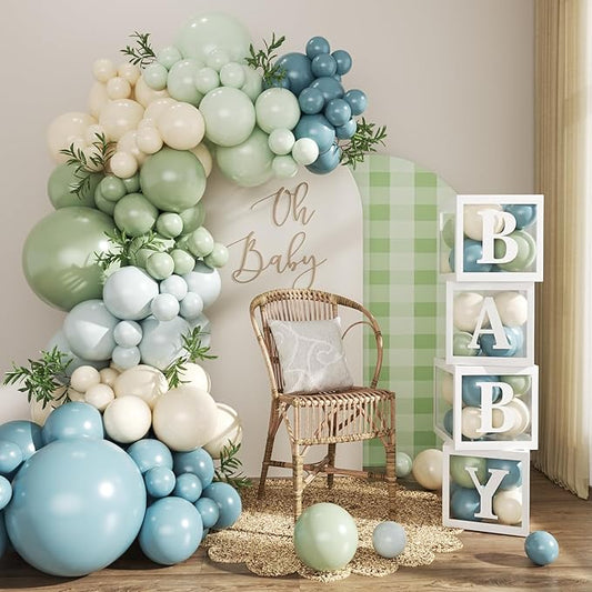 Dusty Blue Sage Green Balloon Baby Shower Decorations, 132Pcs Fog Blue Light Blue Green Sand White Balloon Arch Garland Kit Baby Box with Letters for Boho Baby Shower Gender Reveal Party Decorations