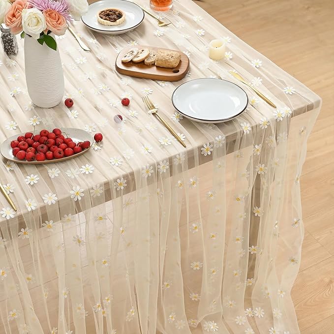 Horaldaily Champagne Embroidery Daisy Spring Summer Gauze Tablecloth 60×104 Inch Rectangular, Seasonal Tulle Table Cover, Garden Party Decorations for Wedding, Party, Holiday Dining