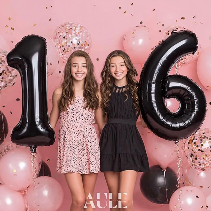 AULE 40 Inch Jumbo Black Foil Mylar Number Balloons for Boy Girl 16th Birthday Party Decorations 16 Years Old Anniversary Party Supplies