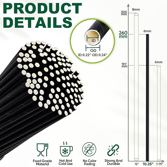 10 Inch Tall Disposable Black Paper Drinking Straws, 0.24" Diameter - Pack of 100