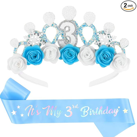CUBACO 3rd Birthday Crown Headband and Sash, 3 Year Old Girl Birthday Gift for Blue Princess Crown, Frozen Party Decorations Favors for Girls Outfit