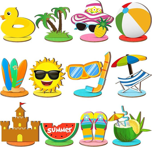 Marsui 12 Pcs Summer Beach Decor Set Tropical Hawaii Tiered Tray Decor with Wood Blocks Beach Pool Balls or Table Centerpieces Kitchen Shelf Wedding Garland Home Decoration
