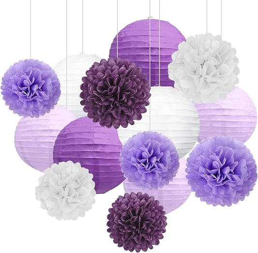 18 PCS Purple White Paper Lanterns & Tissue Paper Pom Poms for Women Birthday, Baby Shower, Wedding, Bridal Shower, Hanging Paper Decor for Graduation Theme Party Supplies