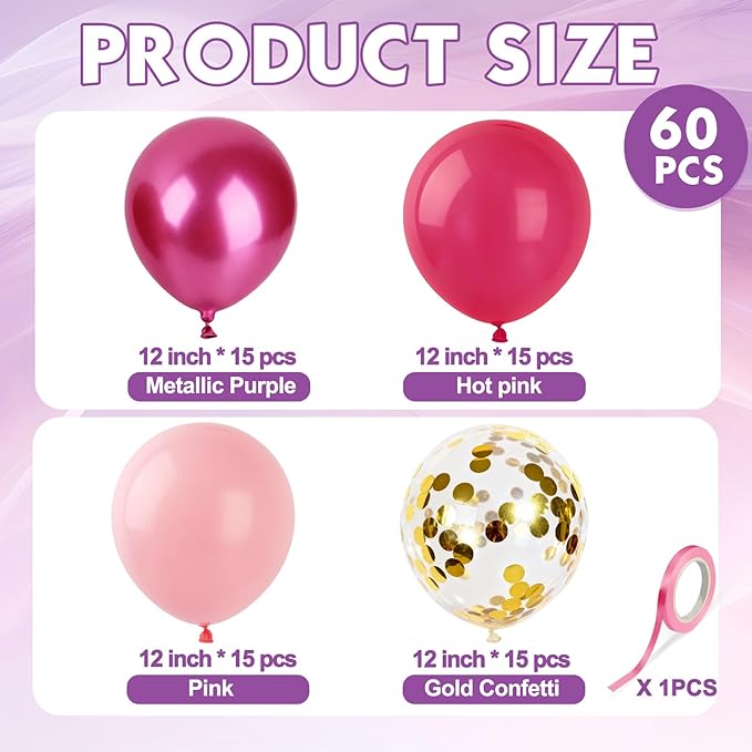 Hot Pink Balloons Metallic Fuchsia and Gold Confetti Balloon, 60 Pcs 12 Inch Latex Metallic Pink Balloons with 1 Ribbon, for Birthday Wedding Bridal Shower Party Decorations