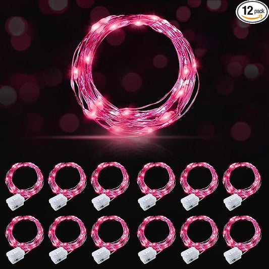 AIKEI 12 Pack LED Fairy Lights Battery Operated, Valentines Day Decor Pink String Lights Waterproof 7 Feet 20 LED Firefly Starry Lamps for Wedding Party Bedroom Garden Christmas Decoration
