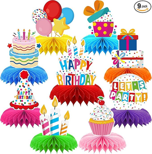 9 Pieces Happy Birthday Decorations Set,3D Table Toppers Double Sided Stand Cards ,Colorful Birthday Themed Honeycomb Centerpiece. (birthday)
