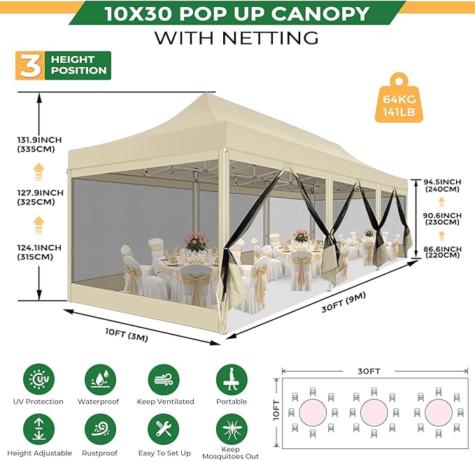 COBIZI 10x30 Heavy Duty Pop Up Canopy Tent with 8 Sidewalls, Easy Set Up Outdoor Waterproof Screen Commercial Party Tent with Mosquito Netting for Parties Backyard Patio, Roller Bag, Khaki