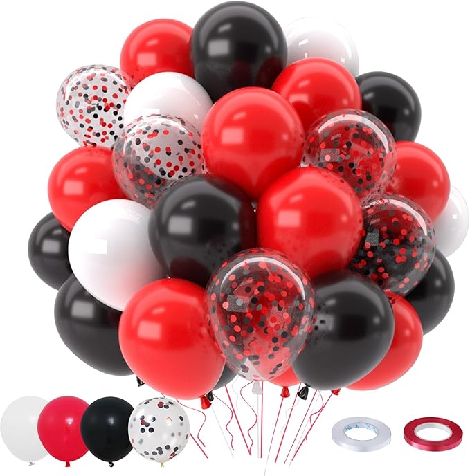 Patimate Red Black Balloons Set, 50 pcs 12 inch Black Red White Confetti Latex Balloons Kit for Graduation Birthday Wedding Baby Shower Retirement Party Decorations
