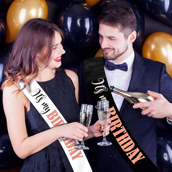 It's My Birthday Sash with Glitter Rose Gold, Black and White Birthday Sashes Decorations for Girls women and Men 16th 18th 21st 30th 40th 50th 60th or Any Birthday Party Supplies Gifts