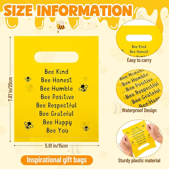 Coume 50 Sets Bee Bee Gift Bags End of The Year Gifts for Students 6 Colors Inspiration Quotes Plastic Party Favors Treat Goodie Bags with Handles Birthday Party Favor, 6" x 8"