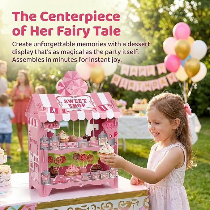 Candy Castle Cupcake Stand 2 Tier - Holds 16 Cupcakes + 12 Lollipops on Roof, Pink Dessert Display for Birthday Theme Party Decorations, Sweet Treat Holder for Cake Candy Buffet