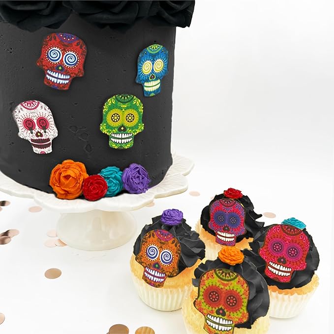 Sugar Robot Inc. Sugar Skulls - Set of 24 - Edible Halloween Cake Toppers