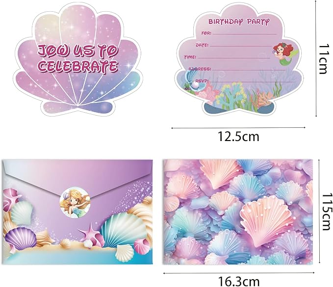 Mermaid & Sea Turtle Ocean-Themed Invitation Kit – 12 Shell-Shaped Cards, 12 Envelopes & 12 Seal Stickers | Underwater Birthday Party Invitations for Kids