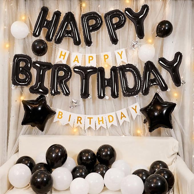 CANREVEL Happy Birthday Banner 13pcs 16 Inch Mylar Foil Letters Sign with 8pcs Star Balloons & LED Lights Birthday Party Decorations for Kids and Adults - 3D Black