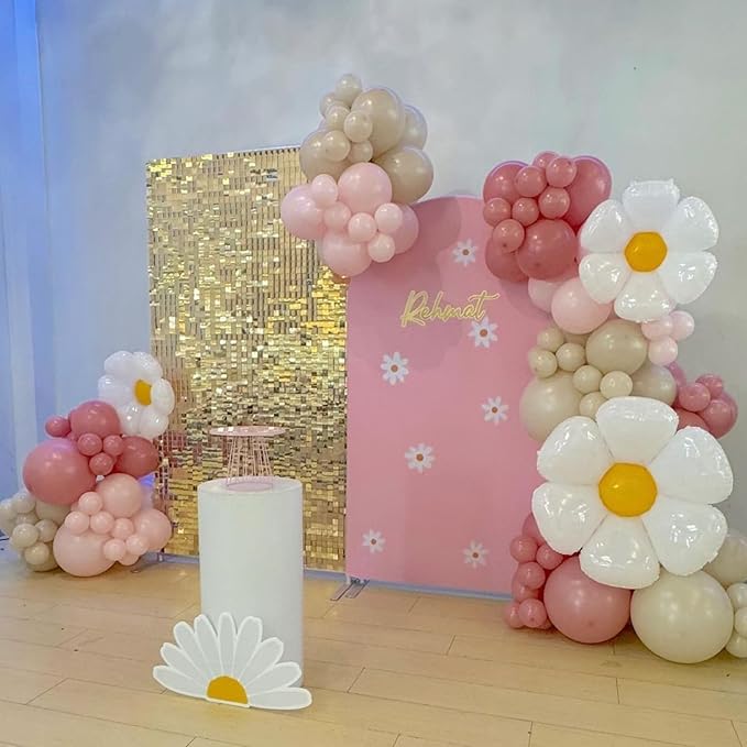 Daisy Balloon Garland Arch Kit,Retro Pink Sand White Hippie Boho Flower Balloons Garland For Birthday Baby Shower Bridal Wedding Groovy Party Decorations