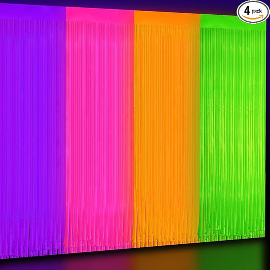 4 Pack Glow in The Dark Curtains Party Supplies 6.6 x 3.3 Ft Glow Tinsel Foil Fringe Curtains Colorful Photo Booth Prop Backdrop Streamer for Birthday Holiday Neon Party Decorations