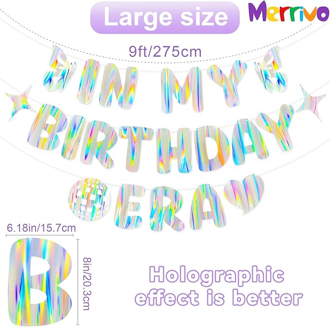 Iridescent In My Birthday Era Banner, Pre-Strung Fun Birthday Decorations supplies, Vibrant Cute Party Sign with Aurora, Rainbow & flames Effects