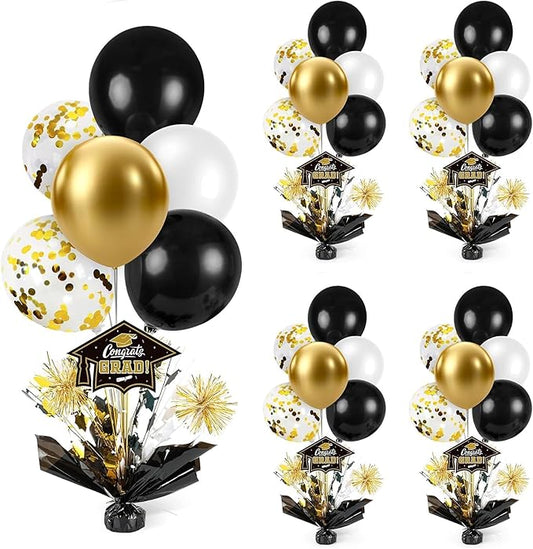 4 PCS Graduation Centerpieces for Tables Balloons Stand Holder Kit College Graduation Decorations 2026 Metallic Glitter Foil Balloon for Graduation Party Decorations Prom Decor(4, Black Gold)