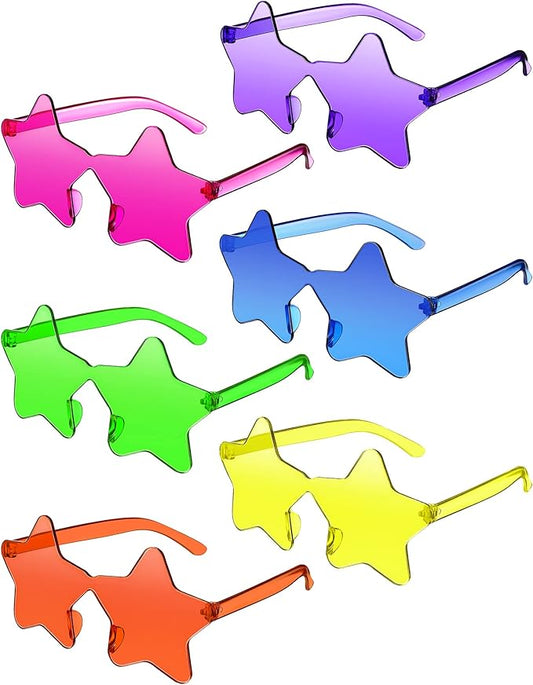 Konohan 6 Pairs Star Shaped Rimless Sunglasses Neon Glasses Colored Transparent Neon Accessories for Women Men Party