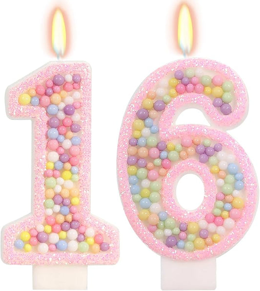 Pink Birthday Candles - Number 16 Candle, Colorful Macaron Candles, Sweet 16 Cake Topper 16 Birthday Decorations for Girls, Sweet Theme Party Supplies (Pink)