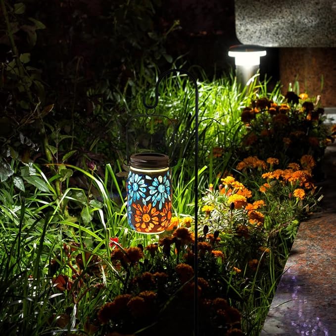 Starsoul Solar Lanterns Outdoor Waterproof, Mosaic Flowers Glass Solar Hanging Outdoor Lights, Decorative Solar Lantern for Outside Pathway Patio Porch Yard Decor