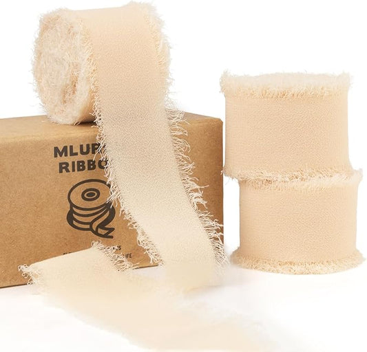 Vanilla Cream Chiffon Ribbon - 1 Inch x 21 Yards, Handmade Fringe, Silk, Boho Frayed, Gift Wrapping, Wedding Invitation, Bridal Flower Bouquets