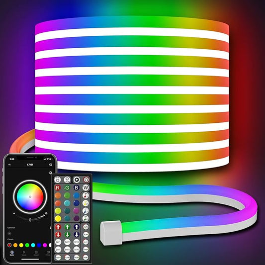 32.8Ft Neon Rope Lights,Flexible Led Rope Lights Control with App/Remote,Multiple Modes RopeLights,IP65 Outdoor RGB Led Neon Lights NonWater Resistant,Music Sync Gaming Led NeonLight Strip