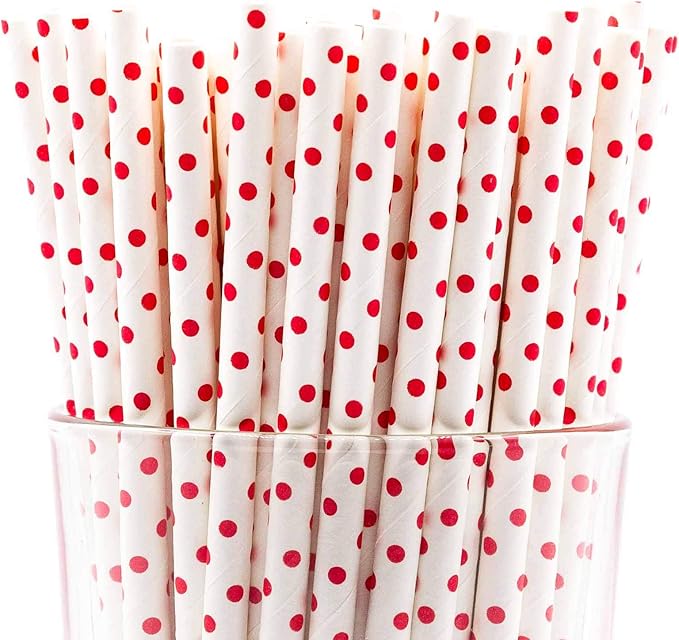 Pack of 300 Red Polka Dot Biodegradable 4-Ply Paper Drinking Straws (Compostable, Non-toxic, BPA-free)
