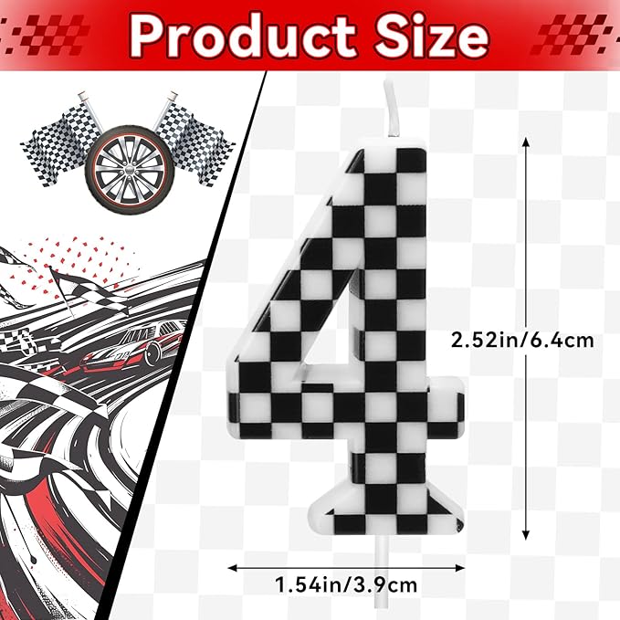 Racing Car Themed Birthday Candles, Number 4 Checkered Candles, Black & White Checkered Cake Decoration, Car Cake Topper for Party Decoration Theme Party Supplies