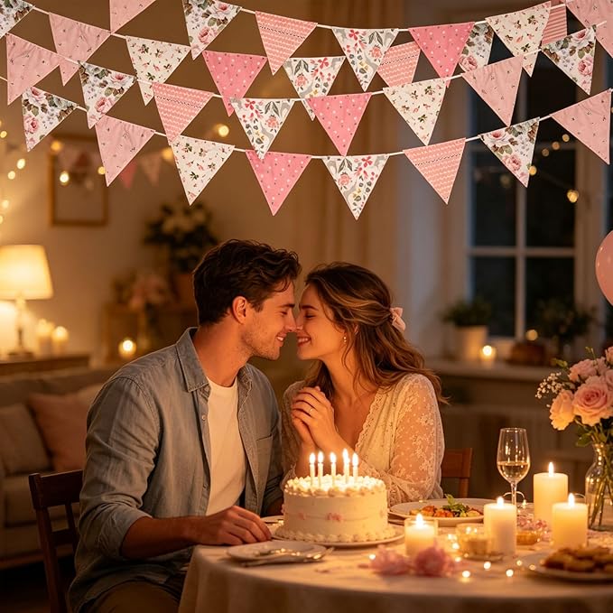 Zwiebeco 32Ft Pink Fabric Floral Pennant Banner Bunting Cotton Pinkish Flowers Triangle Flags Party Decorations for Birthday Wedding Engagement Bridal Baby Shower Rustic Village Home Garden Decor