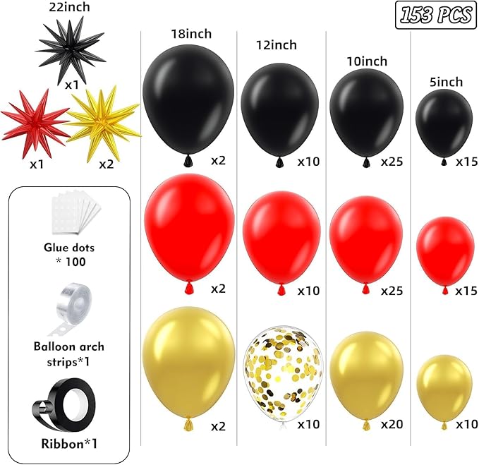 Red and Black Gold Balloons Garland Arch Kit 153Pcs with Star, Black Red Gold Balloons for 2025 Graduation Birthday Anniversary Casino New Year Prom Party