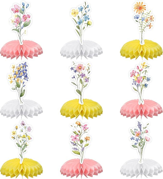 9 PCS Floral Honeycomb Centerpieces Spring Flower Theme Table Centerpiece 3D Wildflower Birthday Table Decorations for Spring Floral Theme Girls Baby Shower Wedding Birthday Party Decoration