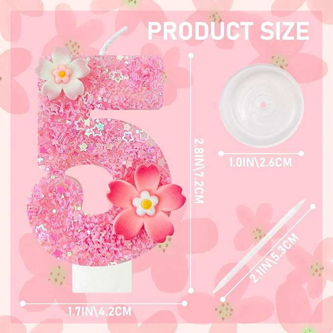 Pink Flower Birthday Candle,Number Birthday Candles for Cake, Ideal Birthday Parties Cake Decor, Wedding Anniversary and Other Celebrations (Number 5, Pink)
