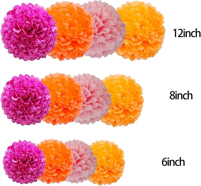 12pcs Hot Pink and Orange Tissue Paper Pom Poms,Hanging Paper Pompoms for Pink Orange Party Decoration