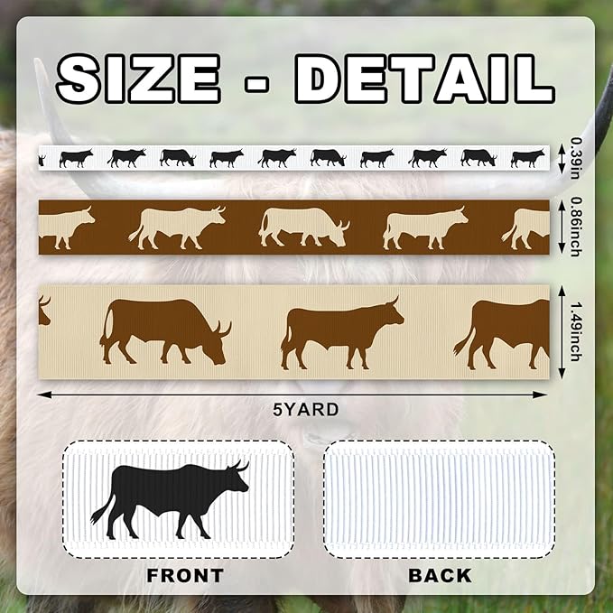 YKW Cattle Pattern Grosgrain Ribbon Set - 3 Widths (3/8", 7/8", 1.5") x 5 Yards Each - Black, Brown & Cream Silhouette Ribbons for Crafts, Gift Wrapping, Wedding & Party Decoration (Cattle)